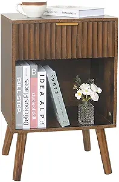 Mid Century Modern Nightstand - Wood Bedside Table with Storage & Fluted Drawer