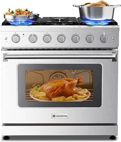 AAOBOSI 36 Inch Gas Range Oven - 6 Burners, Convection, Self-Clean Stainless Steel