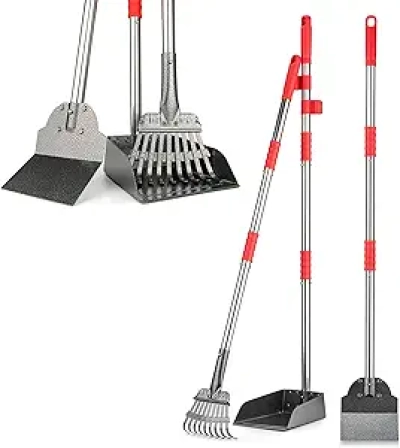 38" Adjustable Dog Pooper Scooper Set - Heavy Duty Stainless Steel Rake, Tray & Spade