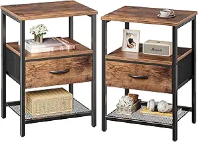 Huuger Nightstand Set of 2 - Industrial Fabric Drawer Side Table with Mesh Shelf