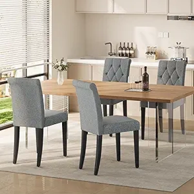 Set of 4 Upholstered Dining Chairs - Button Tufted Parsons Chairs with Wood Legs