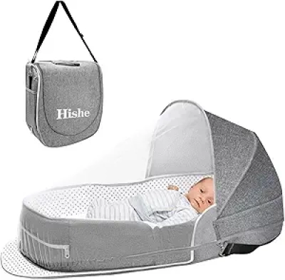 Portable Baby Travel Bassinet - Foldable Lightweight Crib with Mosquito Net & Canopy