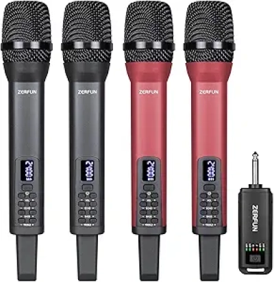 4 Rechargeable Wireless Microphones Pro System - Karaoke & Church with Echo Bass Control