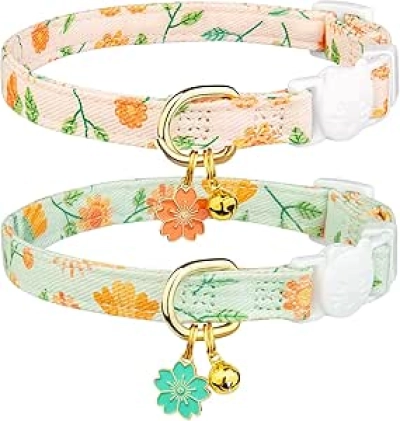 2 Pack Cotton Breakaway Cat Collar with Bell - Cute Floral Design for Kittens & Cats