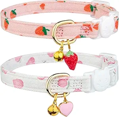 2 Pack Cotton Breakaway Cat Collar with Bell - Pink Strawberries & White Heart Design