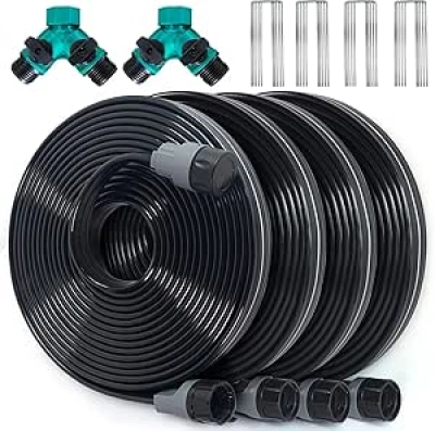 100 FT Flat Soaker Hose with Sprinkler Holes - Drip Irrigation Kit for Lawns & Gardens
