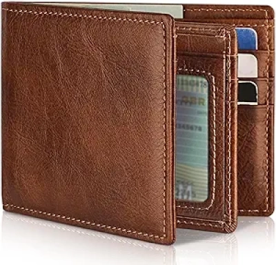 Mens Genuine Leather Bifold RFID Blocking Wallet - 13 Card Slots & ID Window