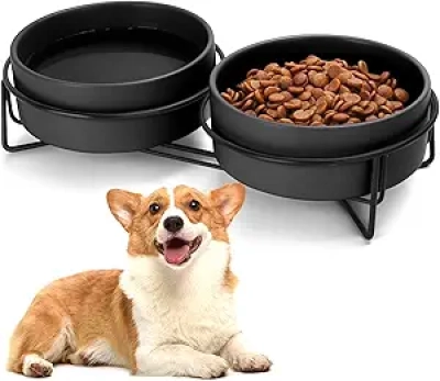 Ceramic Dog and Cat Bowl Set with Stand - 1.7 Cup Pet Feeder for Small & Medium Dogs