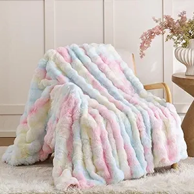 Rainbow Faux Fur Throw Blanket 50x60 - Ultra-Soft Plush Fleece for Couch & Bed