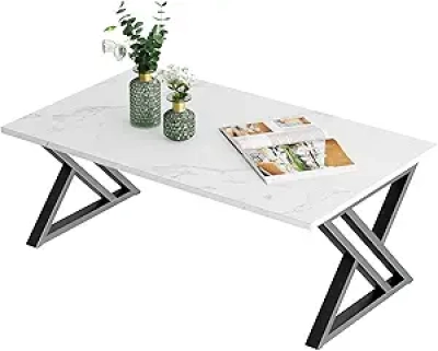 Modern White Marble Coffee Table with Black Metal Frame | Living Room Center Table