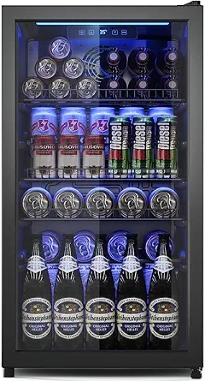 130 Can Beverage Fridge with Glass Door - Mini Wine Beer Cooler Refrigerator