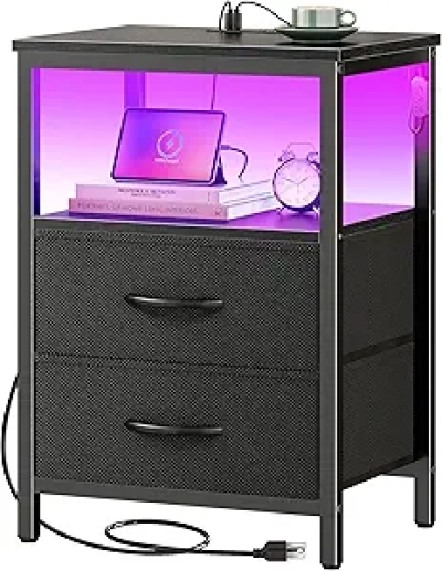 Smart Nightstand with Charging Station & LED Lights - 2 Drawer Bedside Table