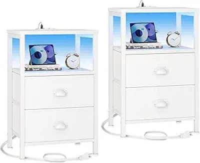 White Nightstand Set of 2 with Charging Station, LED Lights & Fabric Drawers