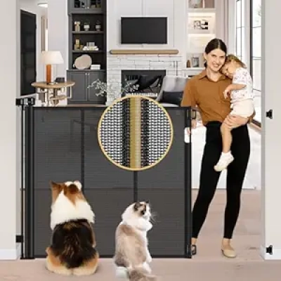 42" Extra Tall Retractable Pet Gate 55" Wide - Anti-Escape Dog Gate with Support Rods