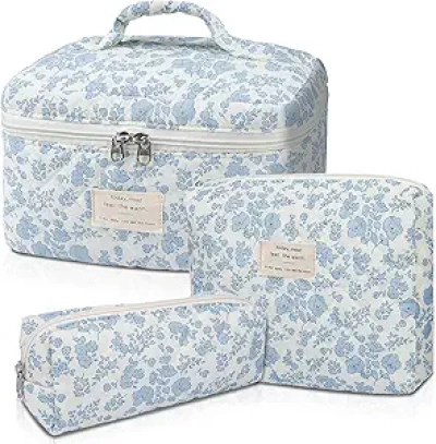 Blue Floral Quilted Makeup Bag Set - Large 3-Piece Cosmetic Organizer for Women