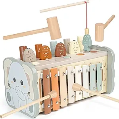 Joyreal Wooden Montessori Toys for 1+ Year Old - Pounding Bench, Xylophone & Fishing Game