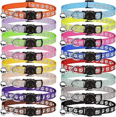 16 PCS Breakaway Cat Collars with Bells & Reflective Paw Prints - Safety Kitten Collar Set
