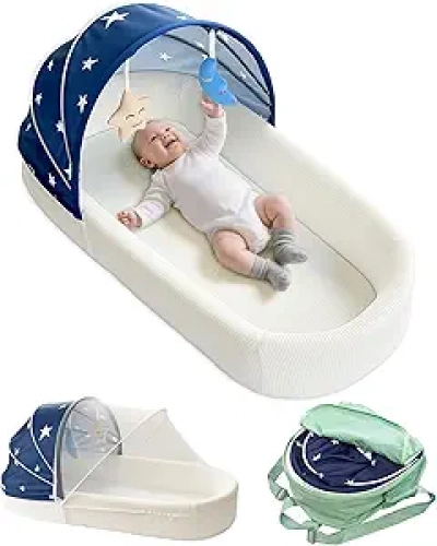 Extra Large Portable Baby Lounger Nest - Travel Bassinet with Canopy & Mosquito Net