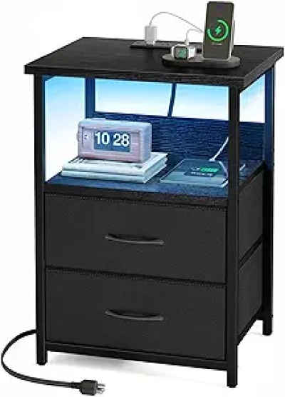 LED Nightstand with Charging Station & USB Ports - Smart Bedside Table with Storage Drawers