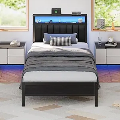 Twin Size Bed Frame with RGB LED Lights, Charging Station & Storage Shelves