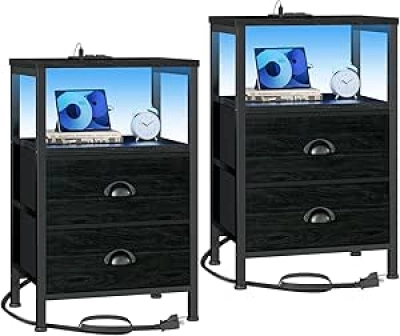 LED Nightstands Set of 2 with Charging Station & USB Ports - Black End Tables