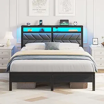 Seventable Full Size LED Bed Frame with Charging Station & Storage - Grey