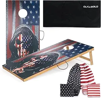 Regulation Cornhole Set with American Flag Boards - Portable 2x4 Bean Bag Toss Game