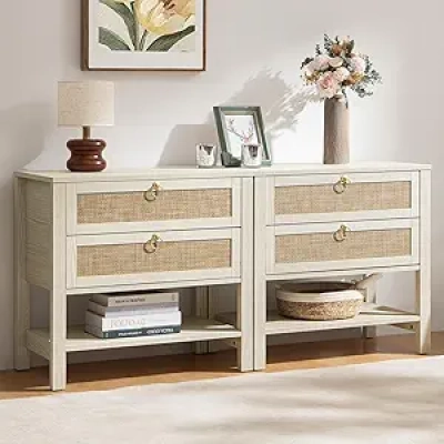 White Rattan Nightstand Set of 2 - Boho Bedside Tables with Drawers & Storage