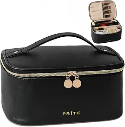 Prite Makeup Bag with Brush Holder - Waterproof Vegan Leather Cosmetic Organizer for Women