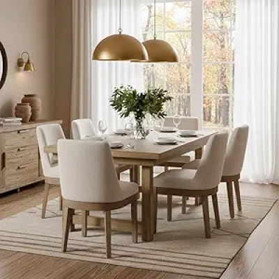 Modern Dining Chairs Set of 6 - Linen Upholstered Kitchen Chairs with Wood Legs