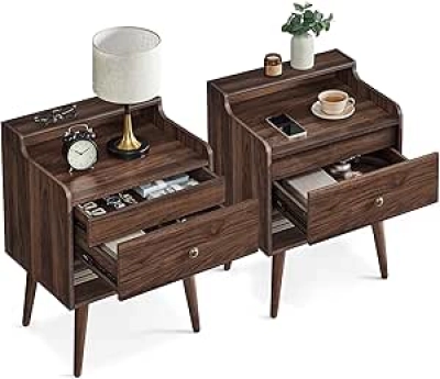 VASAGLE Nightstands Set of 2 with Hidden Drawers - Mid-Century Walnut Bedside Tables