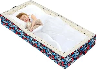 Portable Foldable Toddler Travel Bed - 100% Cotton Lining, Washable Cover, Ocean Blue
