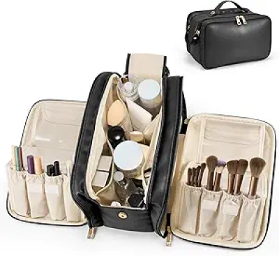 Large Capacity Travel Makeup Bag for Women | Waterproof Cosmetic Organizer with Brush Holder
