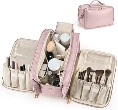 Large Capacity Travel Makeup Bag for Women - Waterproof Cosmetic Organizer with Brush Holder