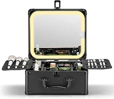 Qislee Makeup Box with LED Lighted Mirror & Travel Case - Professional Cosmetic Organizer