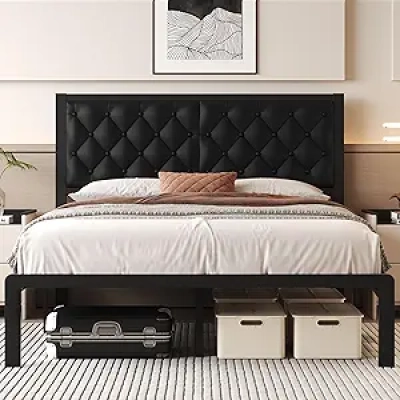 Queen Upholstered Bed Frame with Storage - PU Leather Headboard & Metal Slats