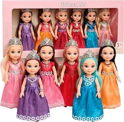 Princess Dolls Playset for Kids - 6 Mini Dolls with Gowns, Crowns & Accessories