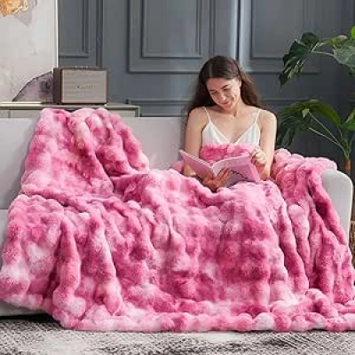 Cozy Bliss Faux Fur Throw Blanket 60x80 - Soft Plush Bubble Blanket for Couch & Bed
