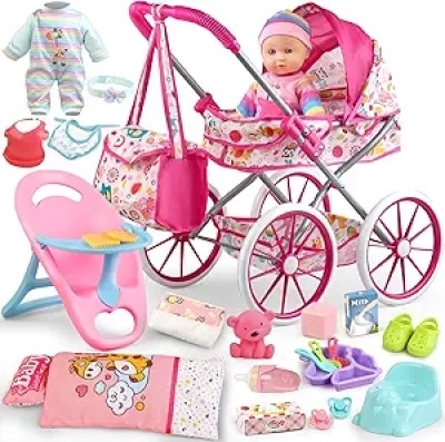 Baby Doll Stroller Set with 12.5" Doll & 24 Accessories - Pretend Play Toys for Girls
