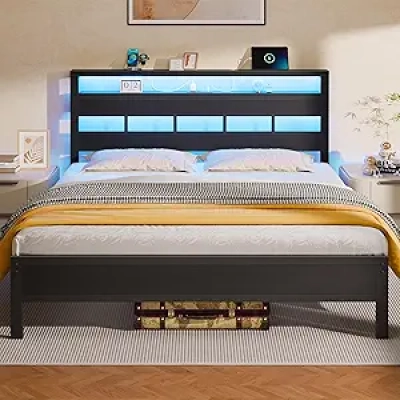 Queen Bed Frame with LED Lights, Storage Headboard & Charging Station