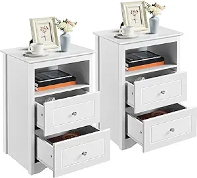 Yaheetech Tall Nightstand Set of 2 - White Bedside Table with Drawers & Storage