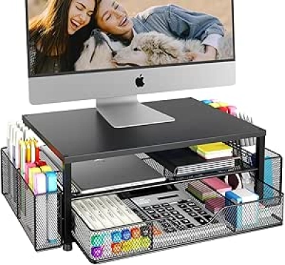 OPNICE 2-Tier Monitor Stand Desk Organizer with Drawer & Pen Holders - Ergonomic Laptop Riser