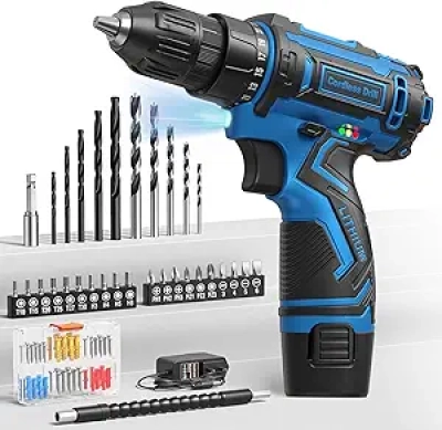 12V Cordless Drill Set with 92 Accessories - LED Light & 25+1 Torque Settings