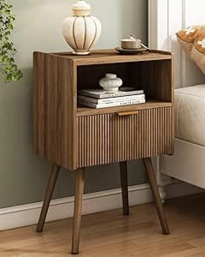 Modern Walnut Nightstand with Storage Drawer & Wood Shelf - Bedside Table for Small Spaces