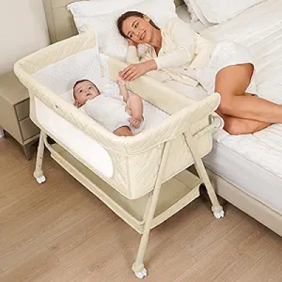 2-in-1 Bedside Bassinet & Baby Crib with Adjustable Height & Breathable Mesh