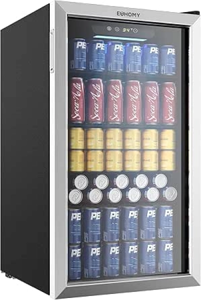EUHOMY 130 Can Beverage Refrigerator with Glass Door | Mini Fridge Cooler for Beer, Soda & Wine