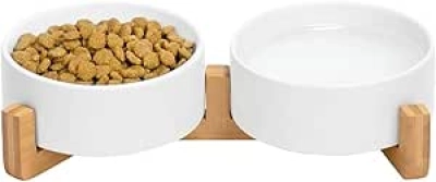 Ceramic Cat & Small Dog Bowl Set with Bamboo Stand - Elevated Pet Feeding Station