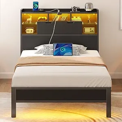 Twin Bed Frame with LED Lights, Charging Station & Storage Headboard | Rolanstar