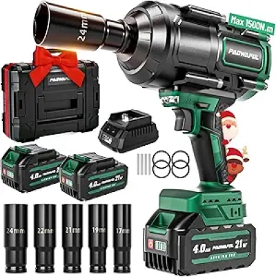 1500N.m Brushless Impact Wrench 1/2" - 1106 ft-lbs Cordless Driver with 2x 21V Battery