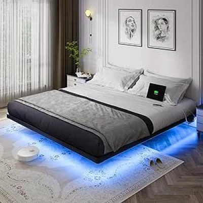 OLEVS King Size Floating Bed Frame with LED Light & Charging Station | Metal Platform